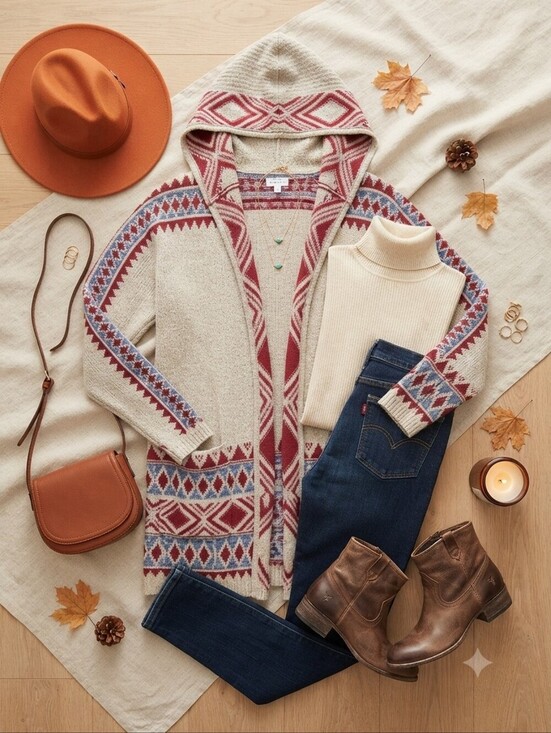 Lucky Brand Sweaters - Lucky Brand Cream Red Southwestern Print Open Front Hooded Cardigan